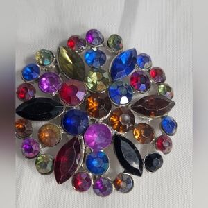 Vintage Multicolor Rhinestone Brooch  Silver Tone 2" Round